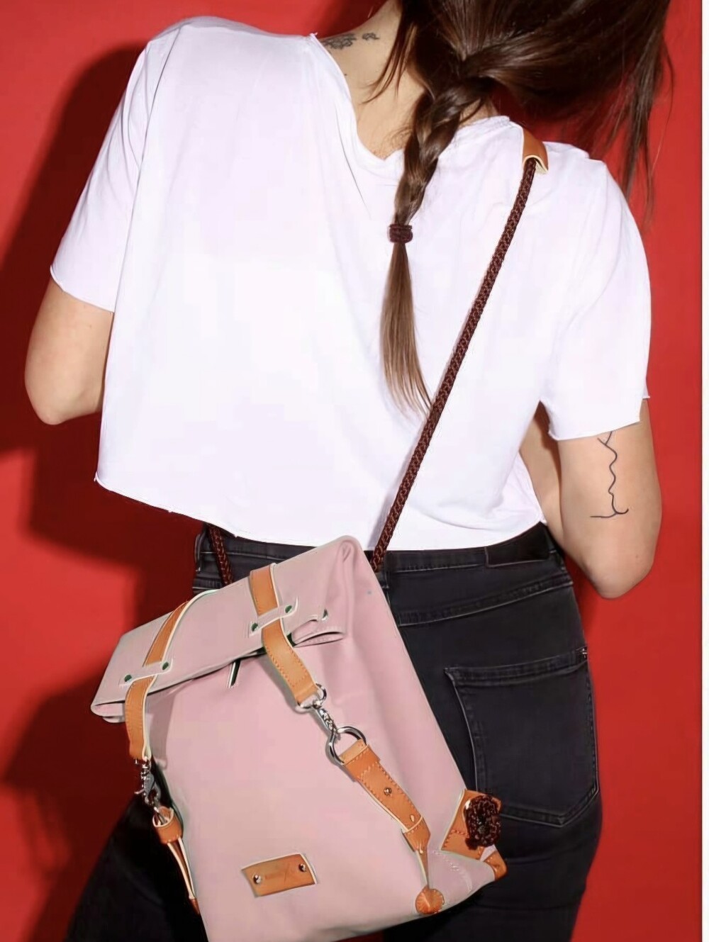Yuoki Milan Black Backpack Tan Leather Straps. Weather Proof Convertible Bag
